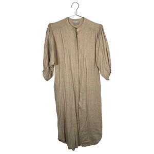 Tan Linen Blend Midi Shirt Dress Italian Coastal Minimalist Medium